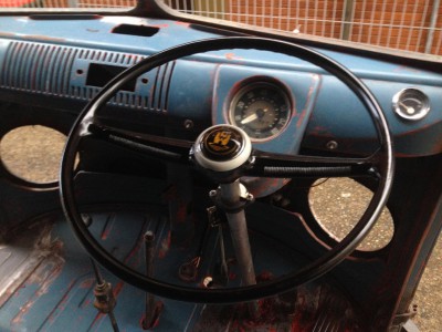 The restored steering wheel insitu. not permanently fitted just yet. I want to paint the steering column first.